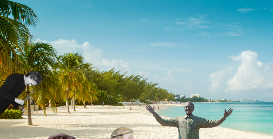 Image of an island with Marie Curie, Gordon Ramsey, Nelson Mandela and Donald Trump