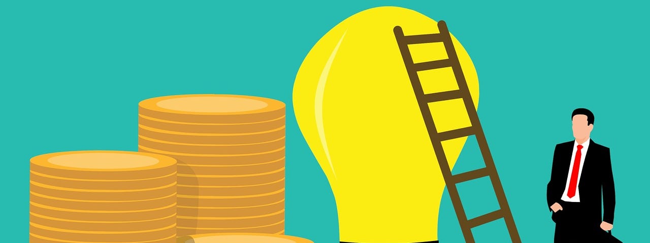 IMAGE: A drawing of an entrepreneur with a ladder leaning on a lightbulb and a pile of money beside it