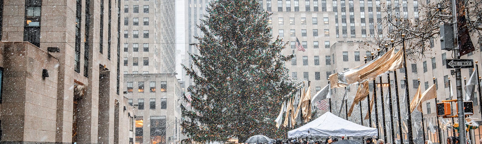 Photo of a crowded street in New York City during the Christmas holiday.