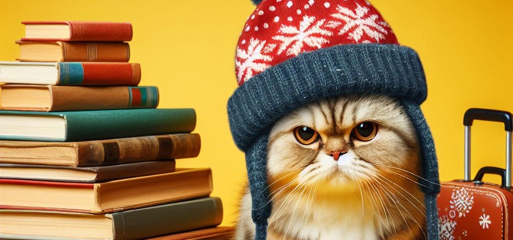 A playful realistic photograph of a domestic shorthair grumpy tabby cat wearing a winter snow hat next to a stack of books on one side and a suitcase on the other against an all-yellow background