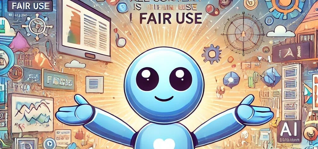 IMAGE: An illustration symbolizing that all content on the web is fair use and can be used to train algorithms, featuring a friendly AI character surrounded by various forms of online content