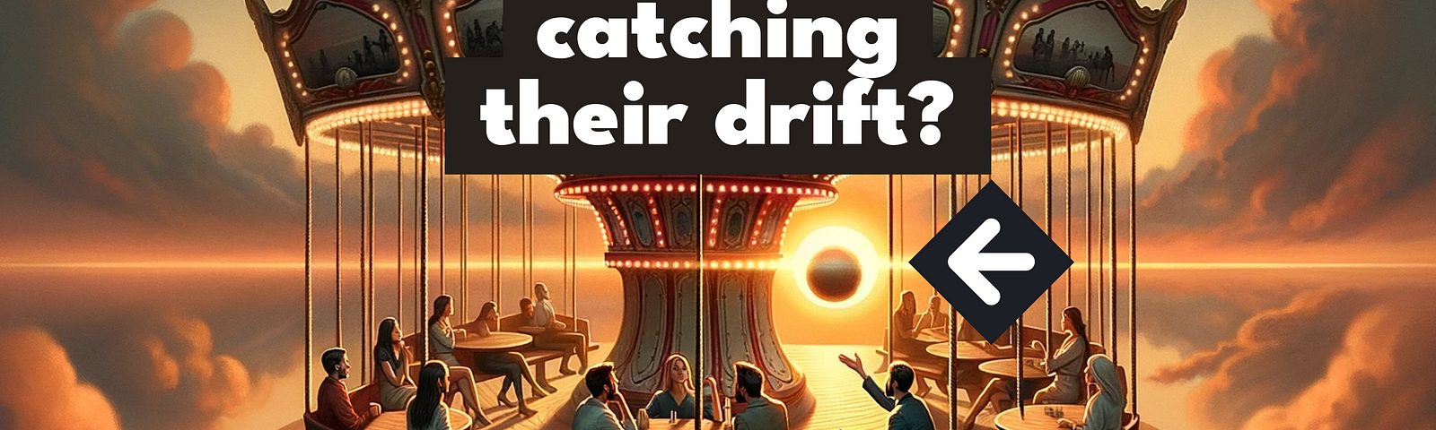 Stock photo of a vintage carousel spinning during sunset. On the carousel, people of various genders and ethnicities are engaged in profound conversations. Amidst their talk, a person throws a ball directly forward, but the ball deviates from its path, illustrating the unexpected twists in their dialogue.