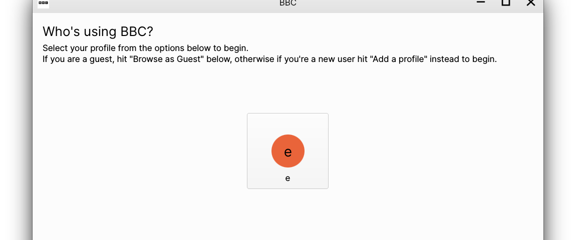 A dialog asking who’s using the website shown. There is one profile, named “e”, as well as a checkbox below that to “Always use this profile”, and below that buttons to browse as guest, add a profile, or manage profiles.