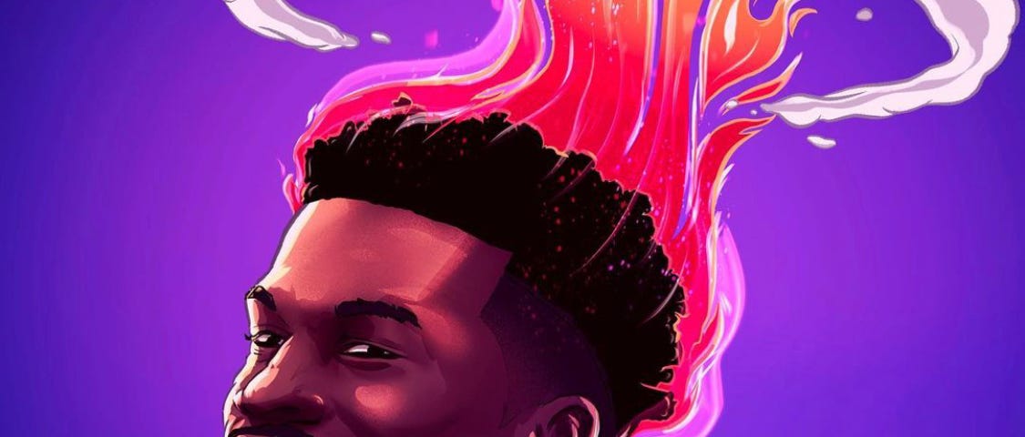 A headshot of Jimmy butler with his hair on fire in the shape of the Miami Heat logo. Art created and owned by Will McArdle