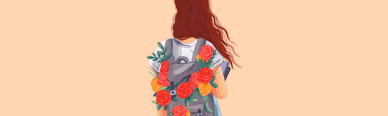 Illustration of a girl wearing a backpack overflowing with colorful flowers.