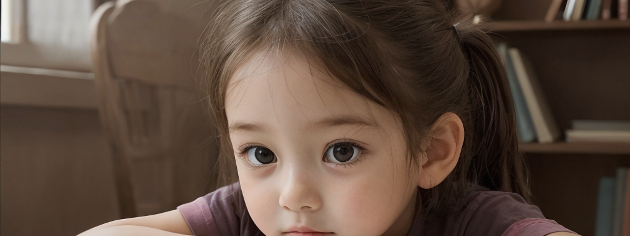 A child, with girlish brown eyes, is resting on an open book.