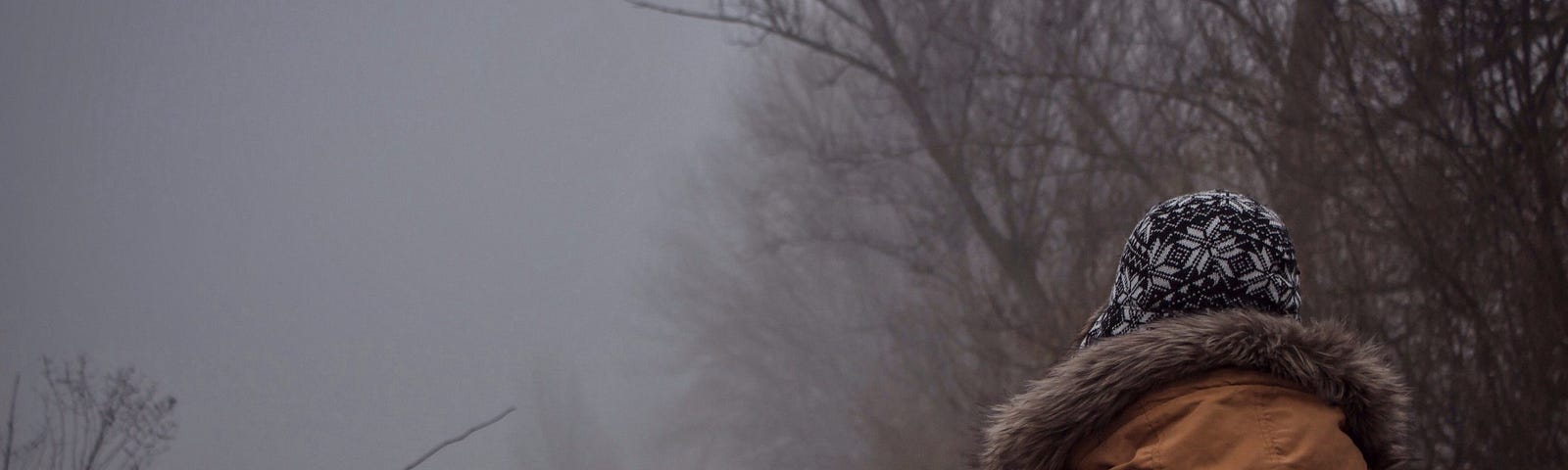 A person walks alone in the cold along a foggy country road.