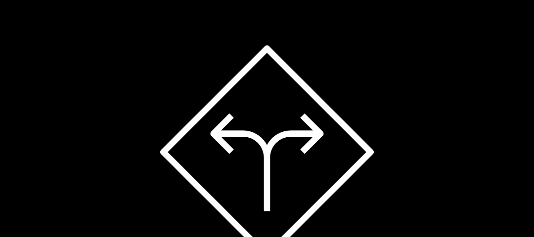 Black background. The symbol for a fork in the road is in the middle of the page. Below it is white text: “On the Road [Again]”.