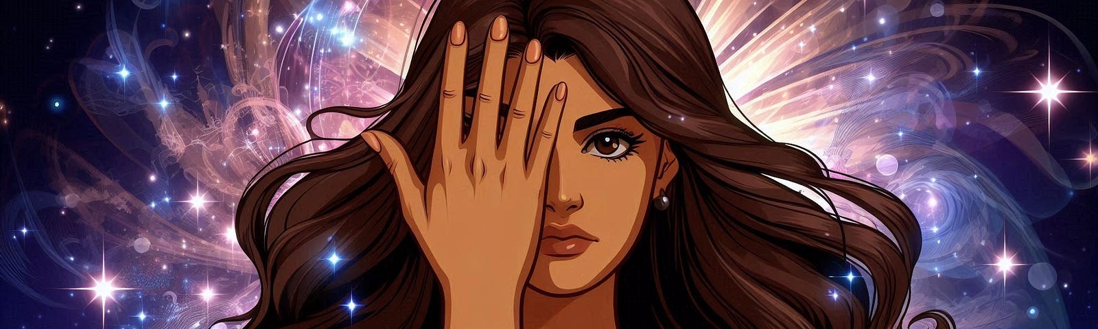 A cartoon style image of a girl with dark hair, covering half of her face with one hand and cosmic background.