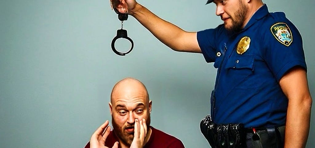 A startled man at his laptop faces a mock arrest by a smirking police officer playfully holding handcuffs aloft, symbolizing a lighthearted dispute over using the word ‘Vellichor.’