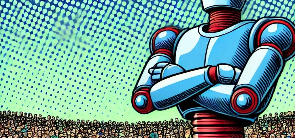IMAGE: A comic-style illustration of a robot looking despectively at a crowd of people, with the robot’s expression and posture conveying a sense of disdain or superiority