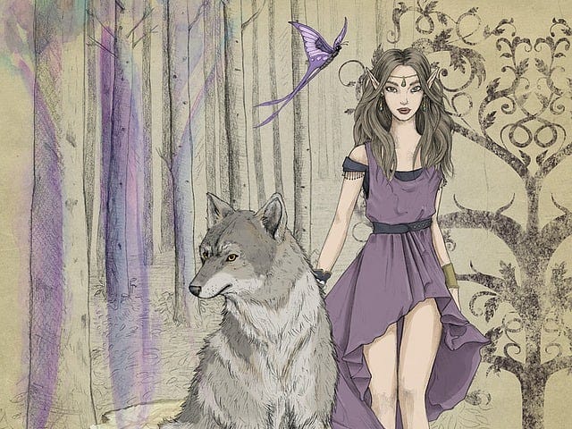 A colored sketch of an elf woman standing beside a grey wolf