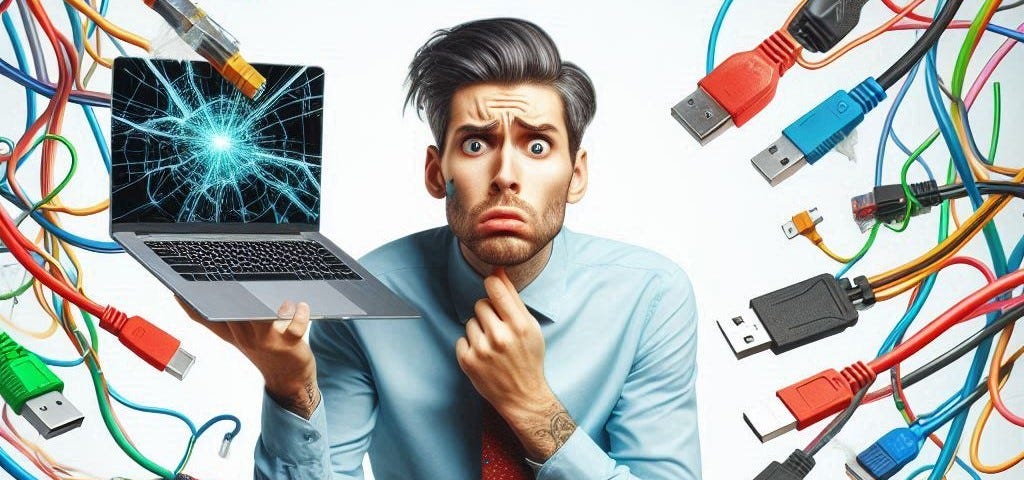 A man with a laptop and broken connections to the internet.