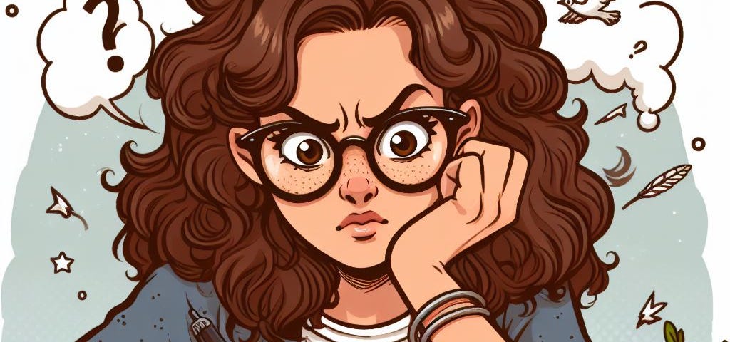 A cartoon of a woman with curly brown hair and glasses, frustrated while she writes at her desk.