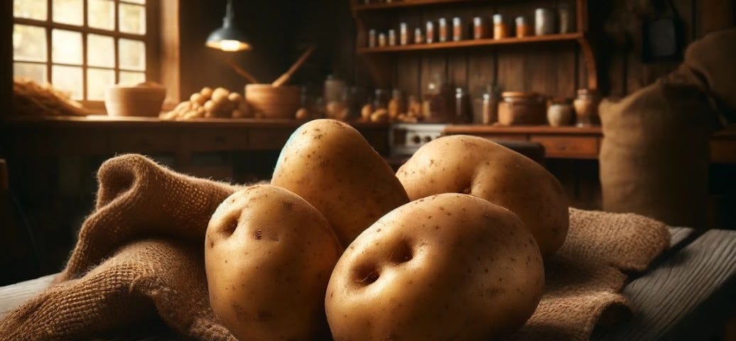 Four potatoes on a cutting board in the kitchen.