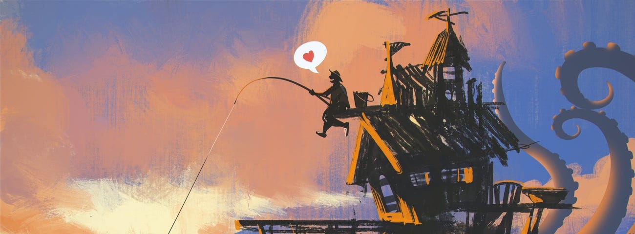 Image: Figure on a rooftop, enjoying themselves fishing while tentacles menace them from behind.