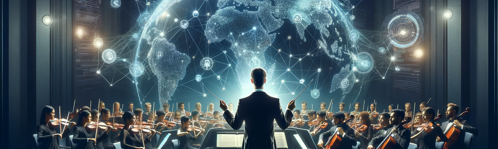 Image depicting a Maestro in traditional attire conducting a diverse, multicultural orchestra. The musicians, both men and women from various ethnic backgrounds, are playing futuristic instruments. Behind them, a digital world map illuminated with interconnected digital elements emphasizes a theme of global connectivity. The scene is set against a modern and futuristic backdrop, and the image is free of any text.