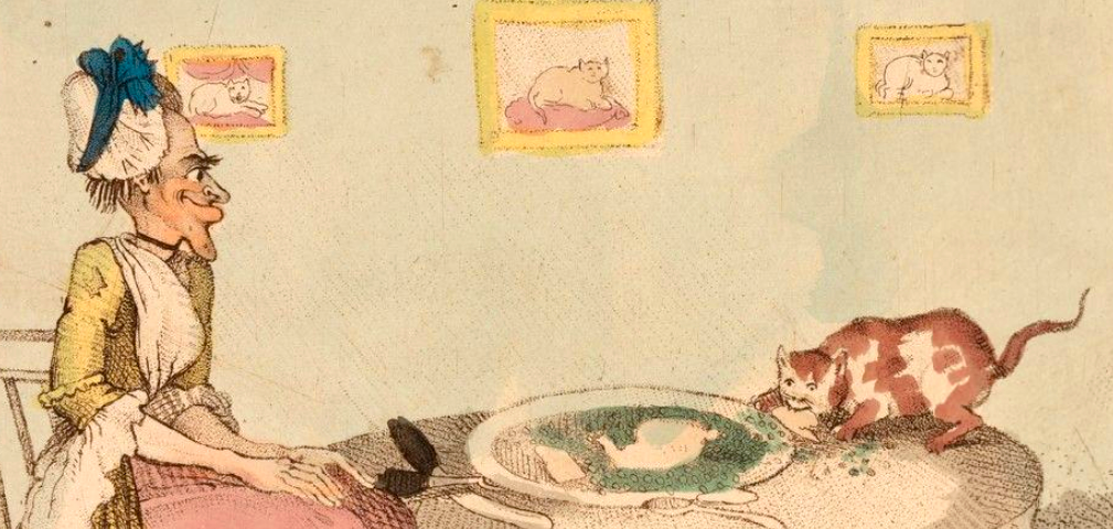 An old maid treats her cat to human food