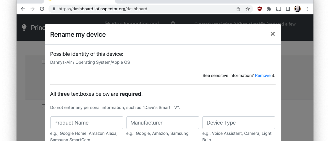 A screenshot of IoT Inspector that asks the user to label their device
