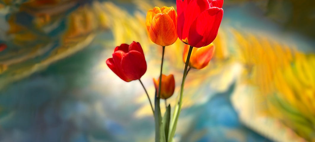 Five tulips in a vase.