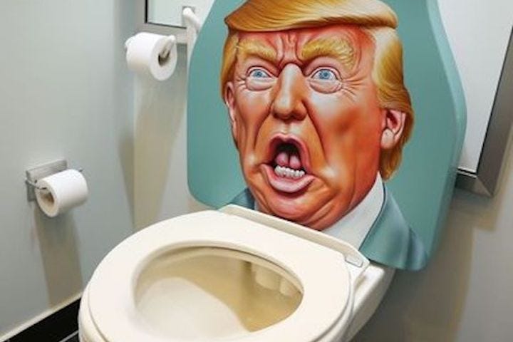 Image of Donald Trump’s face on a toilet seat lid. Humor. Funny. Democracy. Constipation. Cures. Body. Health.