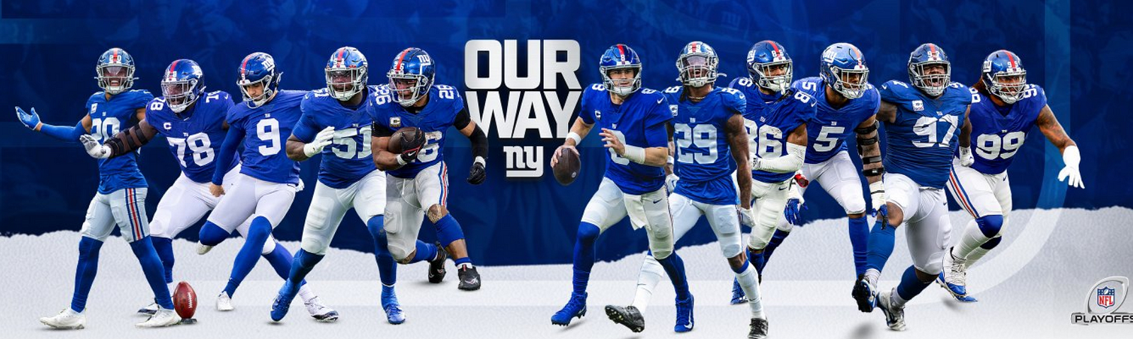 Banner featuring key Giants players and their playoff slogan “Our Way”