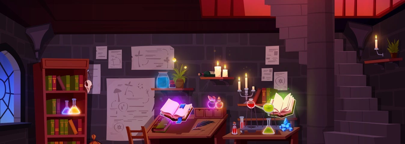 Image: An alchemist’s workroom filled with books and glowing potions, with schematics on the wall for… something.