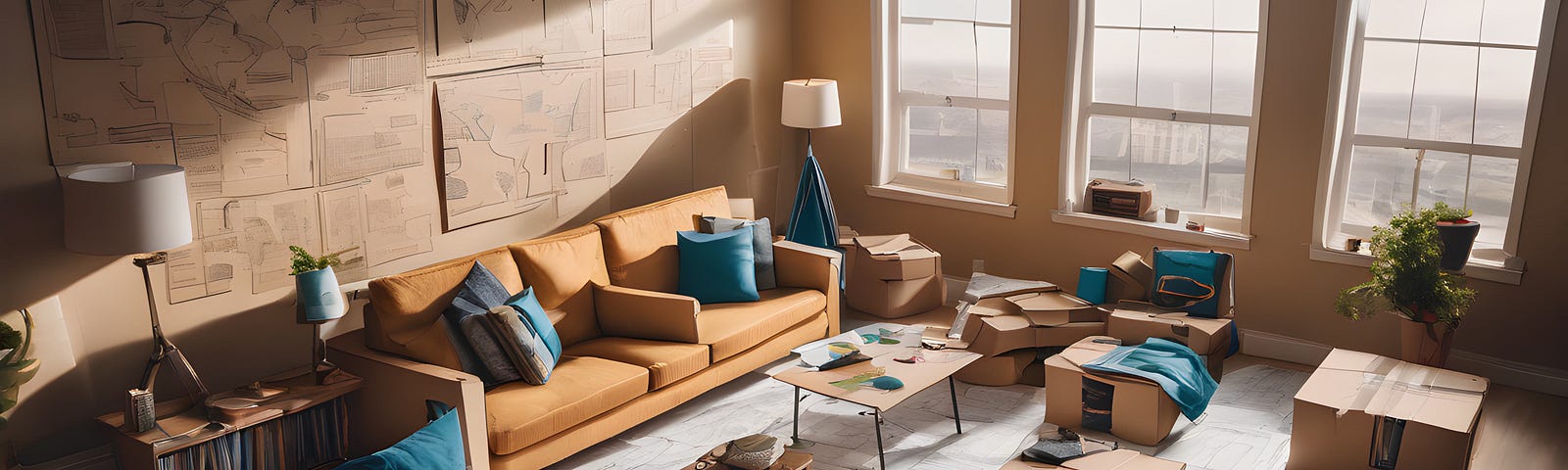 A living room with cardboard runways and boxed arranged like an airport.