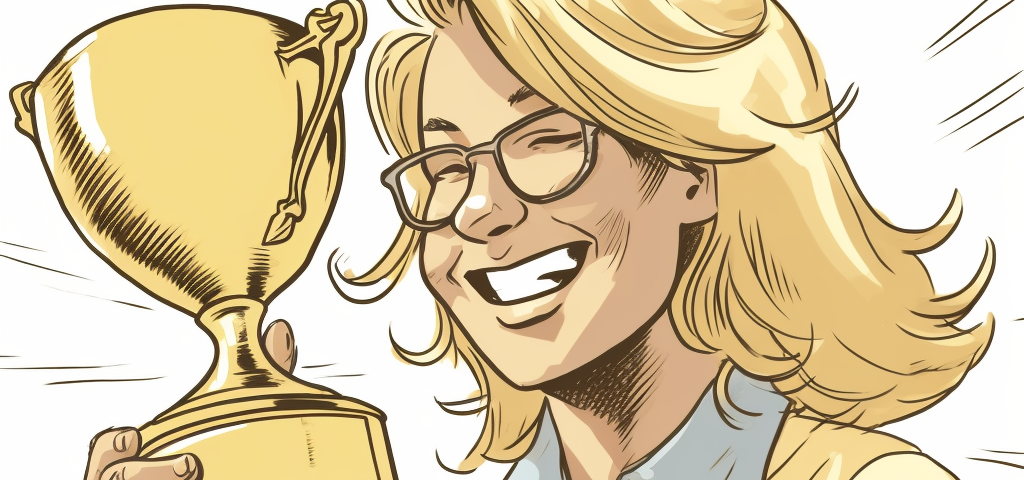 Cartoon of a blonde woman grinning as she holds a trophy