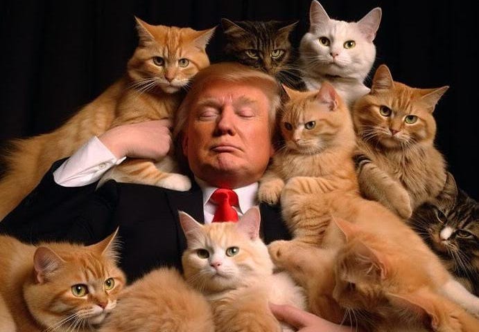 Photo of Donald Trump sleeping while surrounded by cats. Humor. Funny. Pets. Sleep. America. Politics.