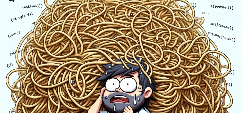 Cartoon illustrating the complexity of spaghetti code with tangled CSS lines.