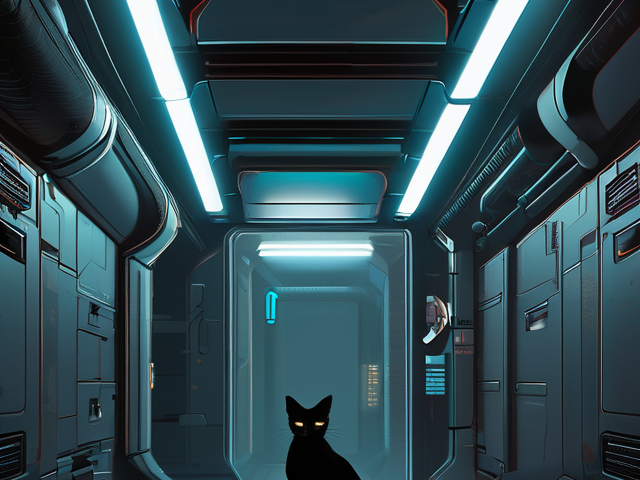 A black cat in a spaceship corridor