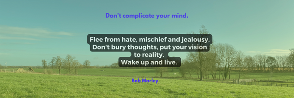 Blue sky and a green field with a Bob Marley quote