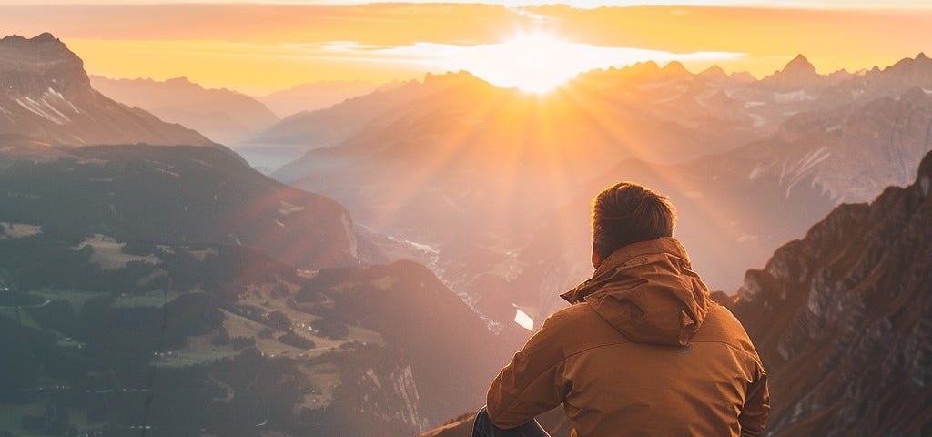 A man sitting on a mountaintop watching the sunrise.