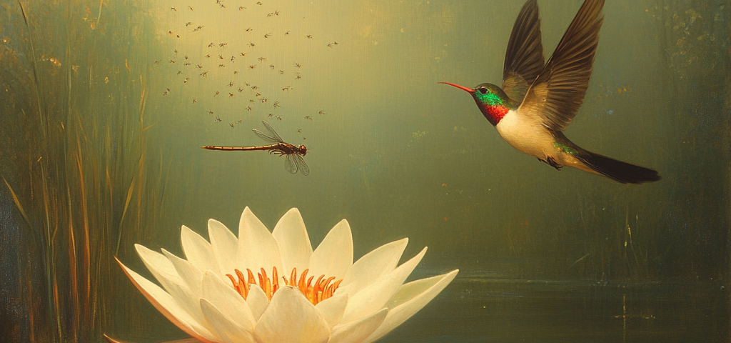 an image of a water lily, a frog, a dragonfly and a swallow