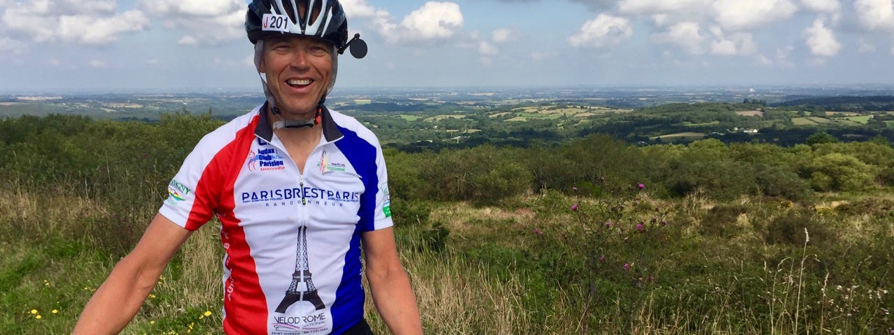 The author during the 1200km Paris-Brest-Paris (PBP) in France in 2015The author takes a break on the 1200 km Paris-Brest-Paris ride in France.