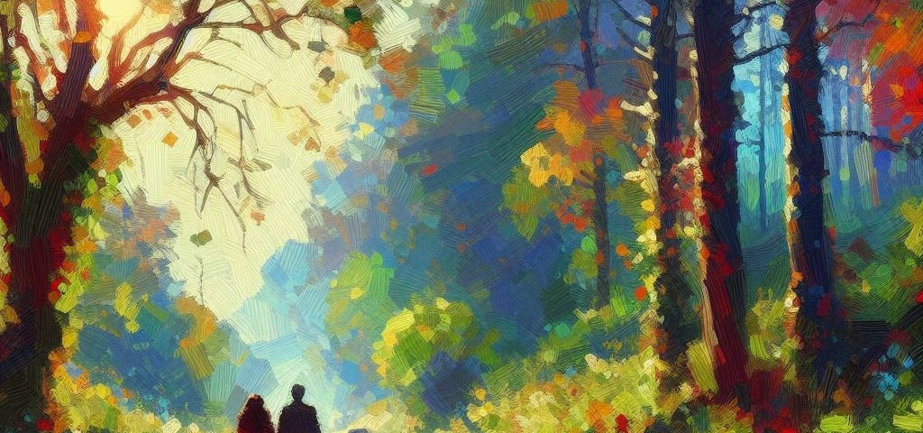 The setting is a path through woods colored in reds, blues, greens, and yellows. A man and woman are walking on the path — the man a few paces ahead of the woman.