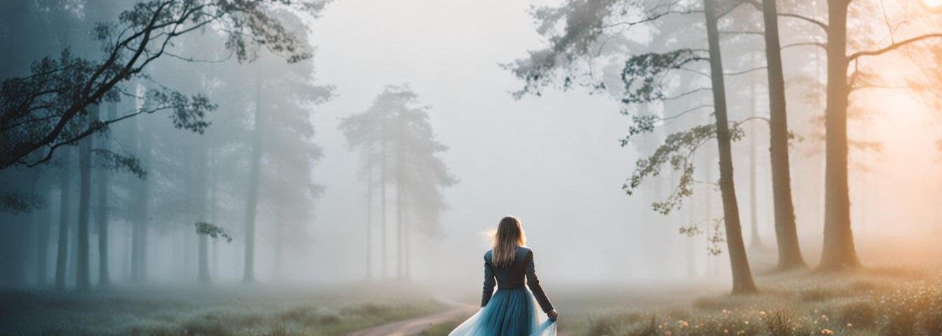 Girl wandering through misty woodland