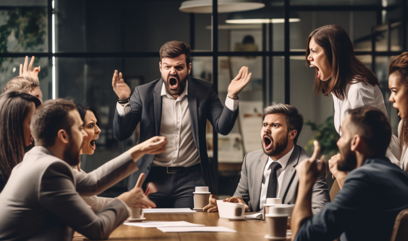 Image of a person in a corporate setup, shouting at others.