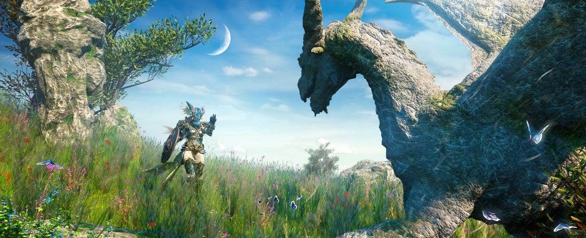 Image: A knight striding across a field of grass and flowers, hand raised toward a stone dragon.