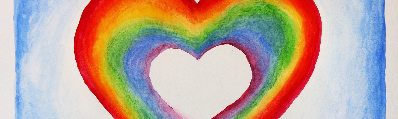 Watercolour of a rainbow shaped into a heart on a blue background.