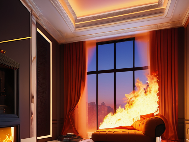 A room with a couch, flames rising