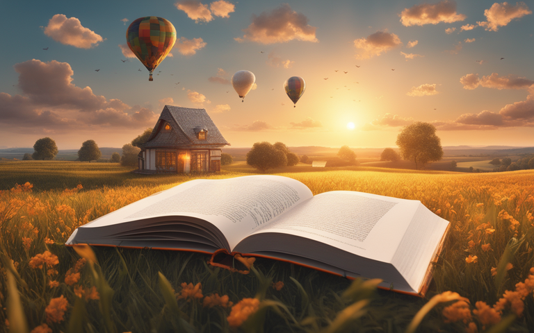 A book floating in the air in countryside with the setting sun.