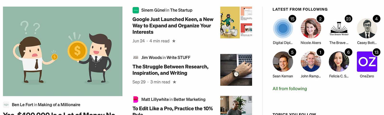 Screenshot of Medium’s homepage, featuring stories, writers, and topics.