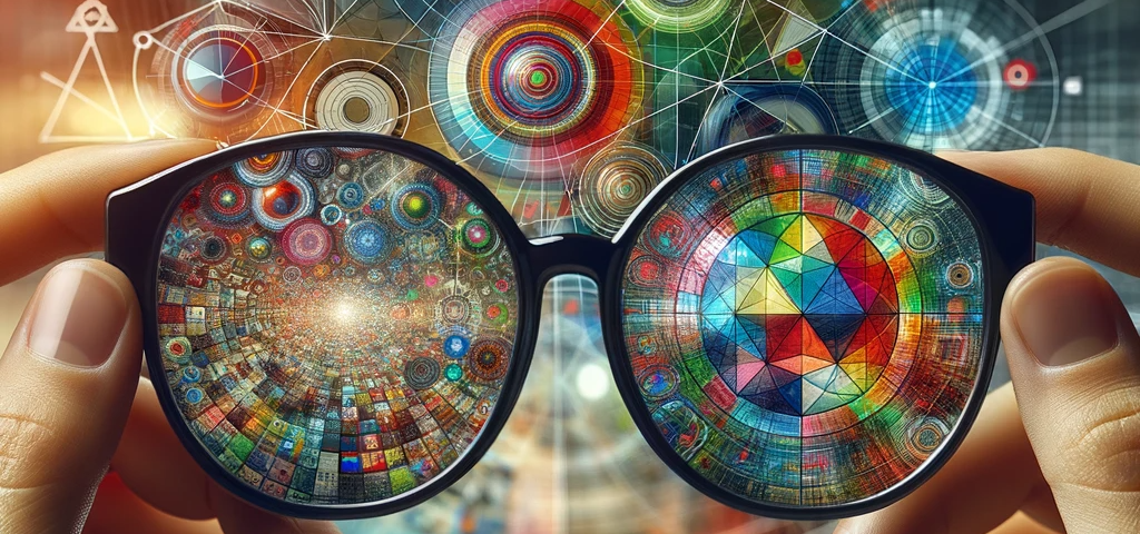 A photo of a pair of glasses with lenses revealing a kaleidoscope of colors and shapes against a backdrop of blurred life scenes, representing the complex nature of perception.