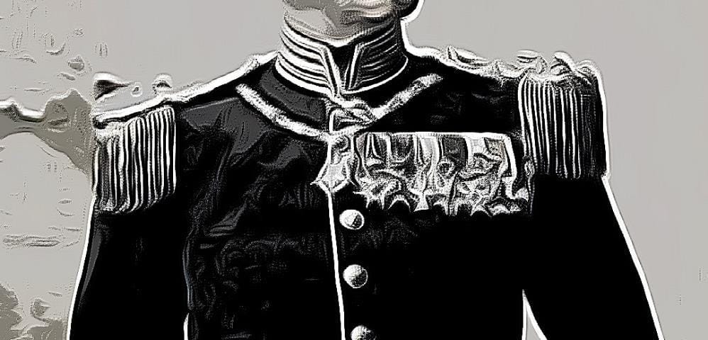Imagem de Gustav Balck, militar sueco considerado o pai dos Jogos de Inverno. É um senhor de idade, calvo, com espesso bigode branco, vestindo um uniforme militar preto com botões e medalhas no peito, do lado esquerdo. Imagem é em preto e branco.