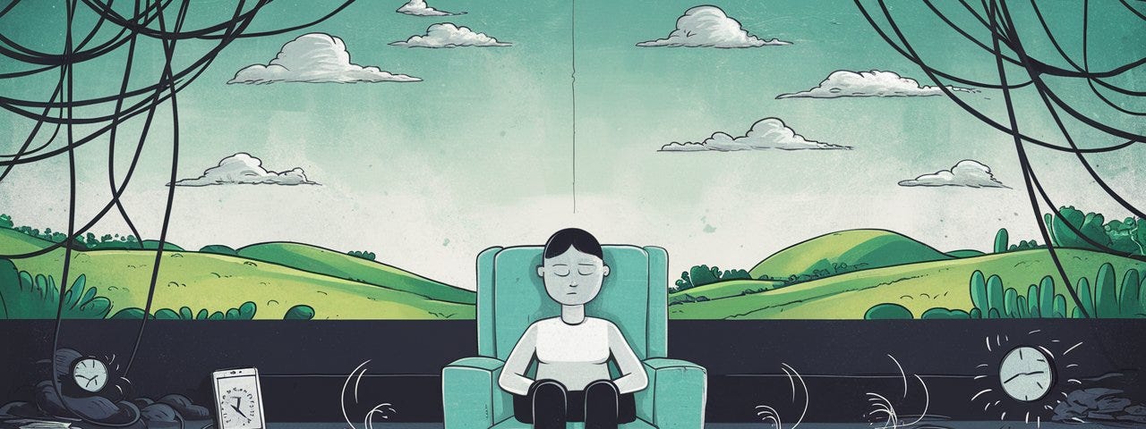 A minimalist illustration of a woman sitting in a chair with a peaceful expression, surrounded by papers and clocks. In the distance, there are clouds and green mountains.