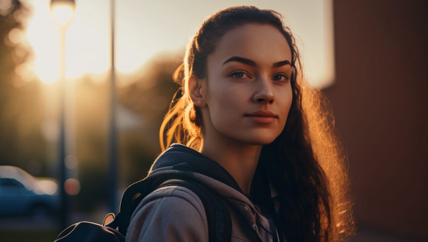 A young woman wearing a backpack looks toward the camera while the sun shines behind her