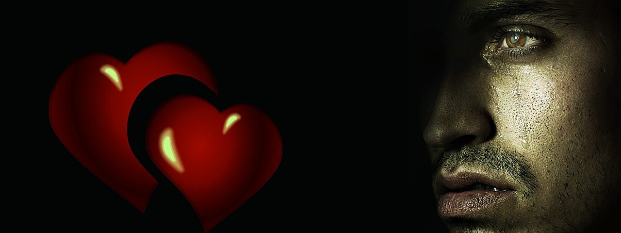 On the left are two hearts separating and on the right is a man with tears running down his face and agony in his eyes.