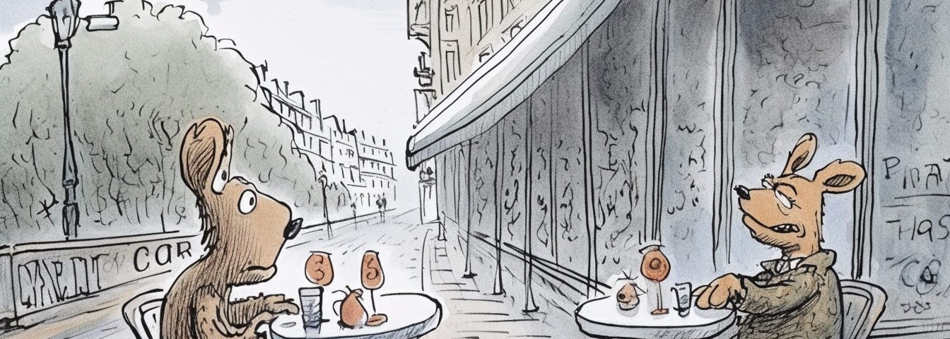 A cartoon of two people looking at each other at a Parisian cafe.